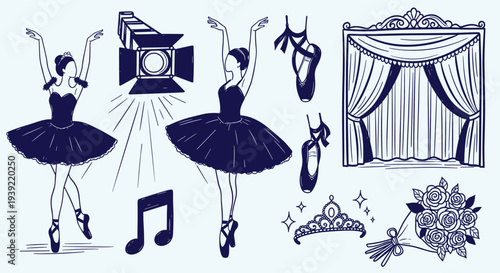 Elegant ballet dancers perform on stage with theatrical lighting and musical notes symbolizing grace and artistry