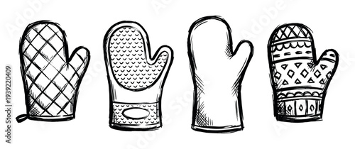 Four black and white oven mitts with different patterns in a hand-drawn sketch style, a collection of kitchen gloves for cooking and baking safety in a doodle illustration