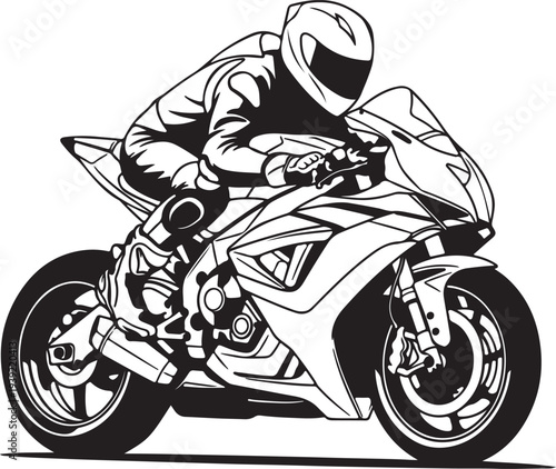 A red sport motorbike with a helmeted rider speeds down the road in this vector illustration of a modern transportation cycle