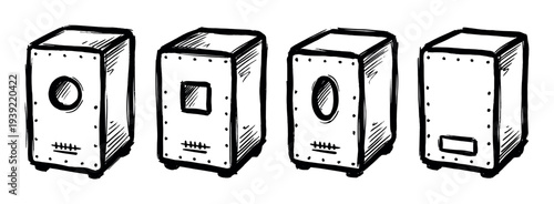 Set of four hand-drawn cajon drums in a black and white ink sketch style, illustrating various sound hole shapes for acoustic percussion performance