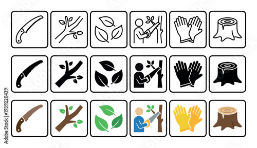 Set of tree pruning and gardening icons in three different styles showing a saw, branch, leaves, gloves, and stump for instructional or informational design