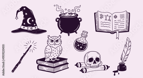Mystical Collection of Witchcraft and Wizardry Symbols and Objects for Magical Enchantments and Spells