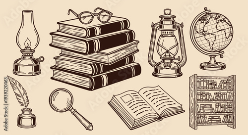 Vintage Collection of Educational and Literary Objects Arranged on a Neutral Background