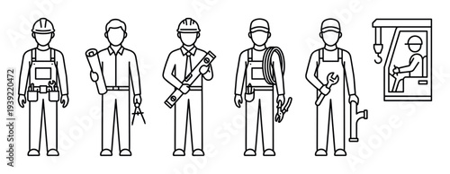 Set of construction worker line icons showing various professions like architect, builder, plumber, electrician, engineer, and crane operator in a minimalist outline style