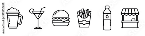 Set of six black line icons representing fast food and drinks, featuring minimalist outlines of a beer mug, cocktail, hamburger, french fries, water bottle, and a market stall