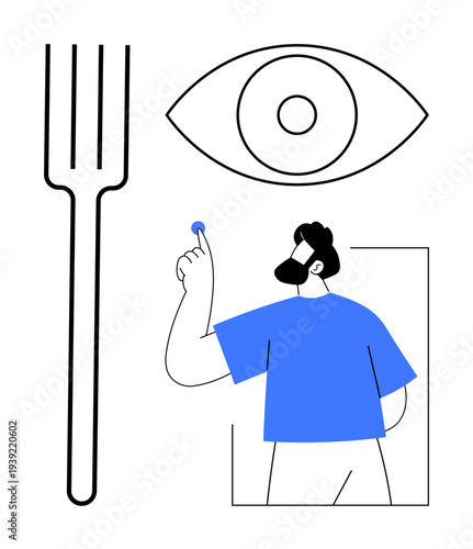 Food industry, perception, creativity, modern design, minimalism, abstract concepts. Minimalist composition with a fork, eye and man holding a small item. Food industry and perception