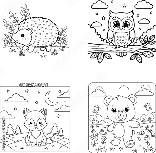 Charming outline illustrations for coloring: hedgehog, owl, fox, bear cub