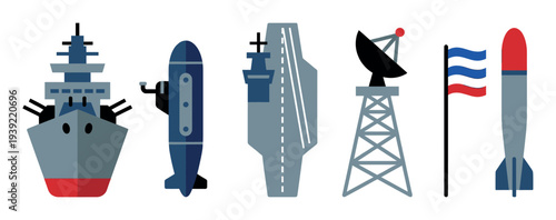Set of military and naval icons featuring a battleship, submarine, aircraft carrier, radar tower, flag, and missile in a flat minimalist graphic design for defense concepts