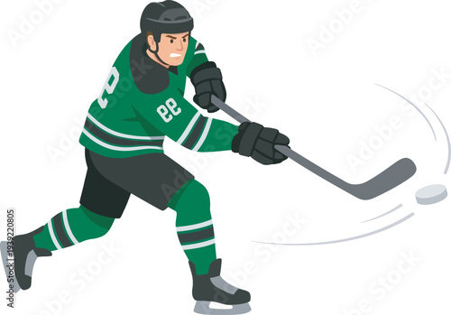 Flat vector illustration of a male ice hockey player in a green and black jersey taking a powerful slap shot. Ideal for winter sports branding, team logos, and athletic graphic design.