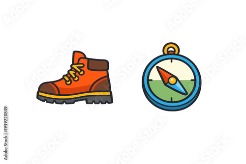 A flat illustration featuring an orange hiking boot with yellow laces and a blue compass with a green dial, both set against a solid black background for a clean look.