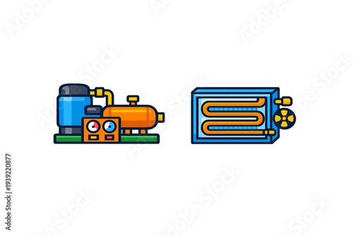 This vector illustration shows two industrial icons depicting a refrigeration system with tanks, gauges, and a cooling unit with a serpentine coil against a dark background.