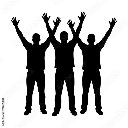 Silhouette of Three Men with Arms Raised in Celebration.