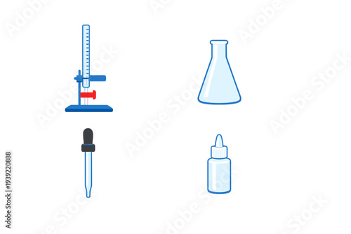 A collection of four laboratory equipment illustrations including a burette on a stand, an Erlenmeyer flask, a dropper, and a reagent bottle, all set against a black background.