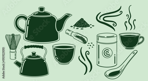 Traditional Japanese Tea Ceremony Utensils and Ingredients for Preparing Matcha Green Tea