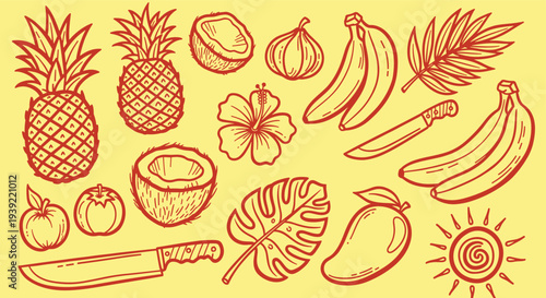 Collection of Tropical Fruits and Kitchen Knives on a Yellow Background