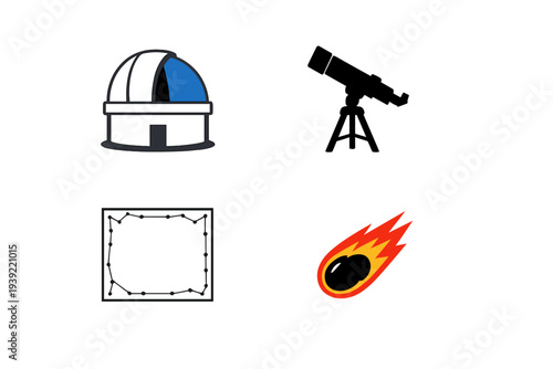 Three astronomy icons are displayed on a black background, featuring a white observatory building, a constellation star map, and a flaming meteor with orange and yellow trails.