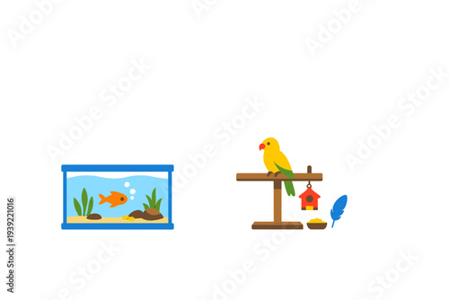 A flat illustration featuring a goldfish swimming in a blue aquarium next to a yellow parrot perched on a wooden stand with a birdhouse and a blue feather.