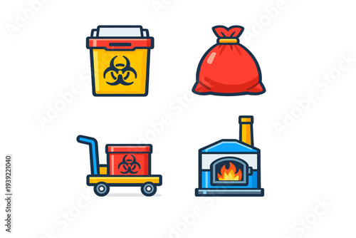 A set of four flat vector icons illustrating medical waste management, including a biohazard bin, a red disposal bag, a transport cart, and an industrial incinerator on a black background.