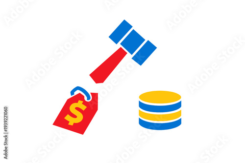 A flat illustration featuring a blue and red gavel, a red price tag with a dollar sign, and a stack of yellow and blue database icons against a black background.