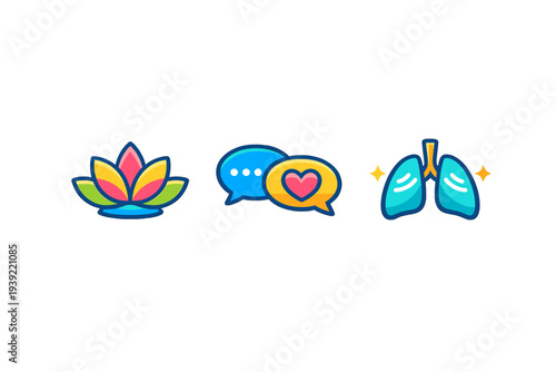 A set of three vibrant icons on a black background includes a multi-colored lotus flower, chat bubbles with a heart symbol, and a pair of blue lungs with small sparkles.