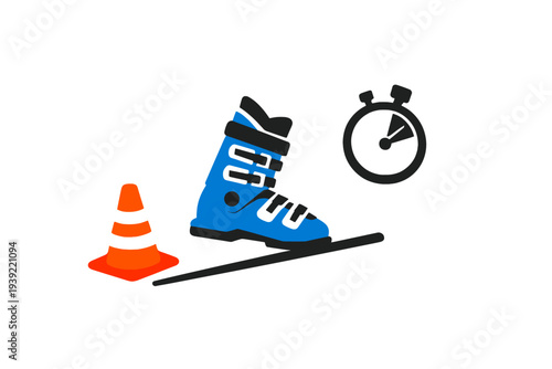 An illustration featuring a blue ski boot attached to a black ski, positioned next to an orange traffic cone and a black stopwatch icon against a solid black background.