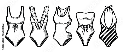 Collection of five hand-drawn one-piece swimsuits in a sketchy ink style, showcasing various fashion designs like ruffles, cutouts, bows, and stripes for summer beachwear