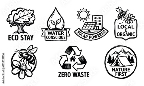 Collection of six hand-drawn eco-friendly icons representing sustainable living concepts like zero waste, solar power, and organic products in a black doodle art style
