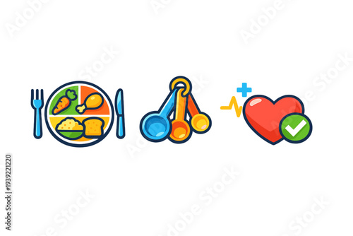 A collection of three vibrant icons illustrating healthy lifestyle concepts like balanced diet, portion measurement, and cardiovascular wellness on a dark background.