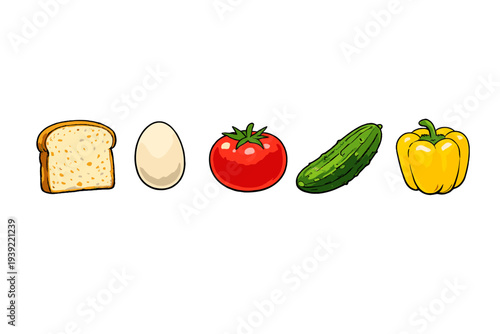 A row of food items including a slice of bread, a white egg, a red tomato, a green cucumber, and a yellow bell pepper, all illustrated against a solid black background.