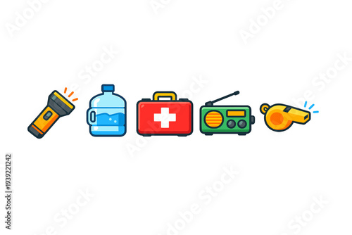 This illustration features a row of five colorful emergency supply icons including a flashlight, water jug, first aid kit, radio, and whistle on a black background.