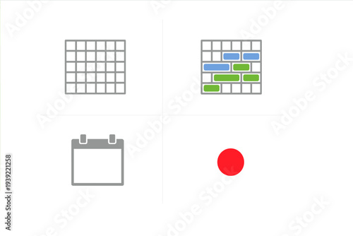 A minimalist graphic featuring four icons in a grid on a black background: a blank grid, a Gantt chart with blue and green bars, a calendar icon, and a solid red circle.