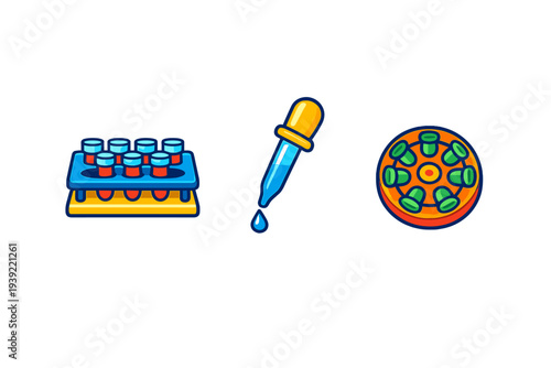 A set of three colorful laboratory icons featuring a rack of test tubes with red liquid, a blue dropper with a falling drop, and a centrifuge rotor with green tubes on a black background.
