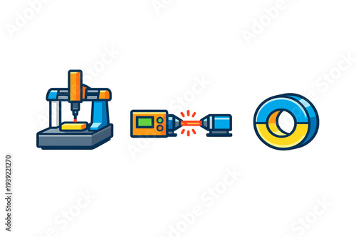 A set of three stylized industrial icons featuring a CNC milling machine, a laser cutting tool with a glowing beam, and a circular machined component on a black background.