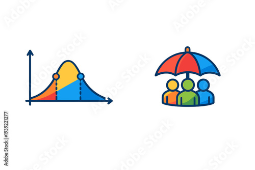 A graphic showing a multicolored normal distribution curve alongside a group of three people standing under a large umbrella, symbolizing risk assessment and social protection.
