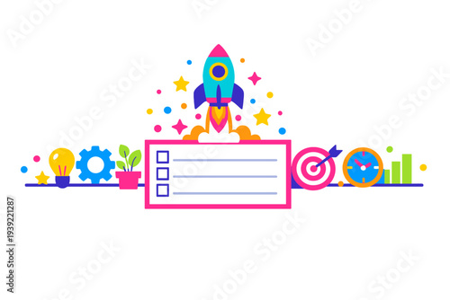 A colorful flat illustration featuring a rocket launching above a checklist, surrounded by icons for ideas, strategy, growth, goals, time management, and data analysis on a black background.