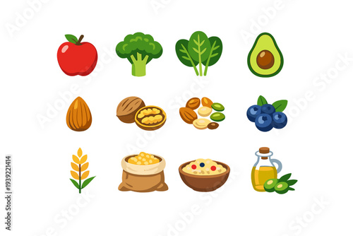 A collection of twelve flat vector icons representing healthy food items including fruits, vegetables, nuts, grains, and olive oil, all isolated on a solid black background.