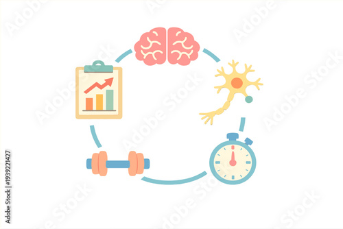 This flat design illustration shows a brain, neuron, stopwatch, dumbbell, and clipboard chart in a circle on a black background, symbolizing cognitive health and fitness tracking.