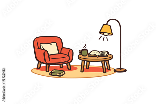 A cozy reading nook illustration featuring a red armchair with a pillow, a small wooden table with an open book and a steaming mug, and a floor lamp on a round rug against a black background.