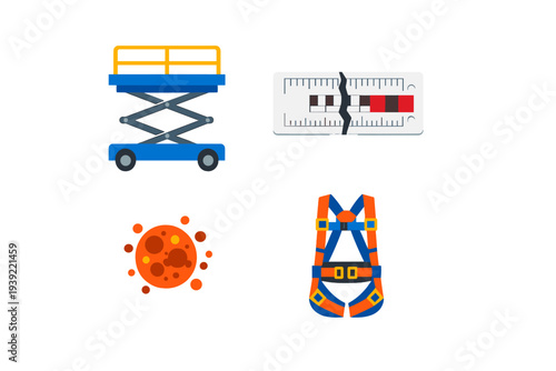 A collection of four flat vector icons featuring a blue scissor lift, a cracked measuring tool, an orange celestial body or cell, and a full-body safety harness on a black background.