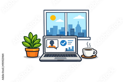 A flat vector illustration of a modern home office setup featuring a laptop with a video call interface, a potted plant, and a steaming cup of coffee against a city window view.