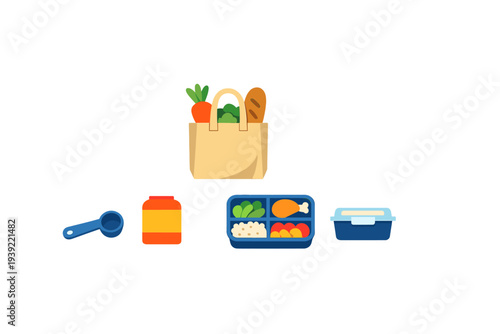 A collection of flat illustrations featuring a grocery bag filled with fresh produce, a bento lunch box with a balanced meal, a measuring scoop, a food container, and a protein jar.