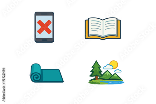 A collection of four flat icons representing digital detox and wellness, including a smartphone with a red x symbol, an open book, a rolled yoga mat, and a nature landscape scene.
