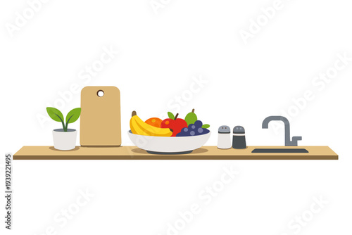 A flat vector illustration of a kitchen counter featuring a potted plant, a wooden cutting board, a bowl of fresh fruit, salt and pepper shakers, and a sink faucet against a black background.