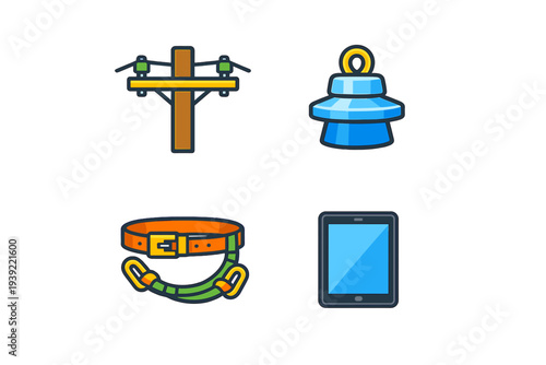 A collection of four flat vector icons representing utility work equipment, including a power pole, an electrical insulator, a safety harness belt, and a digital tablet device.
