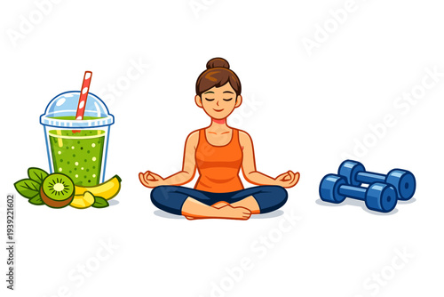 A cartoon illustration of a woman meditating in a lotus position, flanked by a green smoothie with kiwi and banana on one side and blue dumbbells on the other, against a black background.