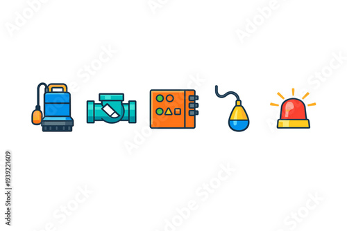 This illustration features five distinct icons for industrial plumbing: a blue submersible pump, a pipe fitting, an orange control box, a float sensor, and a red warning light.