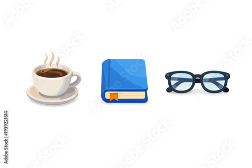 A stylized illustration featuring a steaming cup of coffee on a saucer, a closed blue book with an orange bookmark, and a pair of black-rimmed glasses set against a dark background.