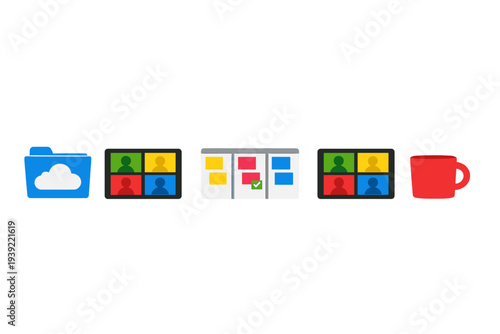 A row of five digital icons on a black background representing remote work, including a cloud storage folder, video conference screens, a project board, and a red coffee mug.
