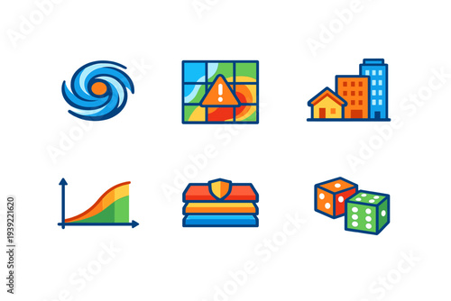 This collection of six vibrant vector icons features symbols for natural disasters, urban infrastructure, statistical analysis, security protection, and probability with dice.