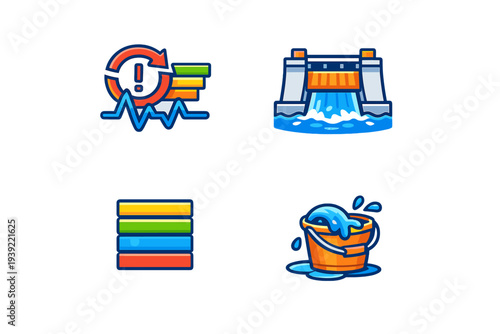 A set of four colorful vector icons featuring a data graph with an alert, a hydroelectric dam, a stack of horizontal bars, and an overflowing bucket of water on a black background.